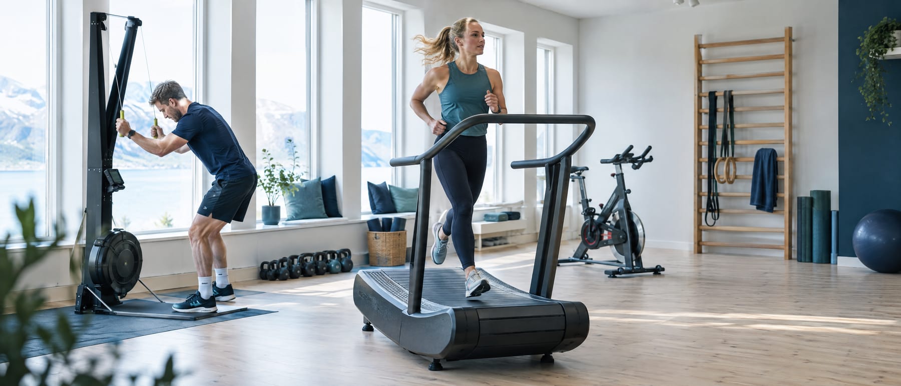 Treningsrom med kurvet løpebånd, ski-ergometer, spinningsykkel og ribbevegg